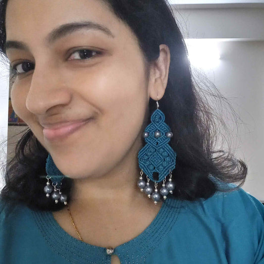 macramé long dangler earrings with blue-black pearls party earrings office wear earrings unusual jewellery quirky