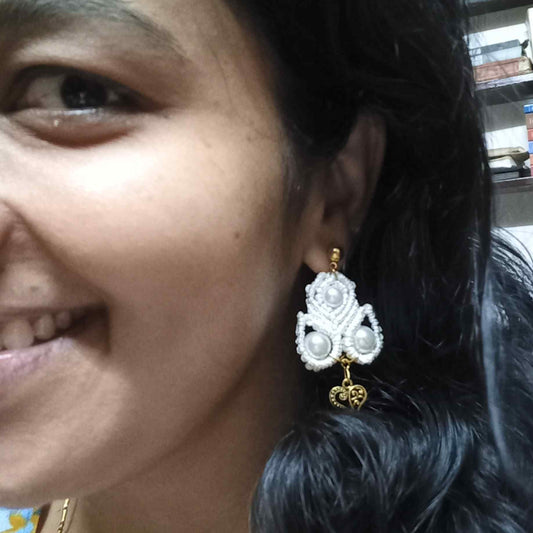 macramé stud dangler earrings with filigree heart accent