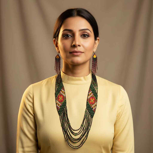 red black bead necklace geometric design jewellery dangler earrings partywear necklace set for office and daily wear