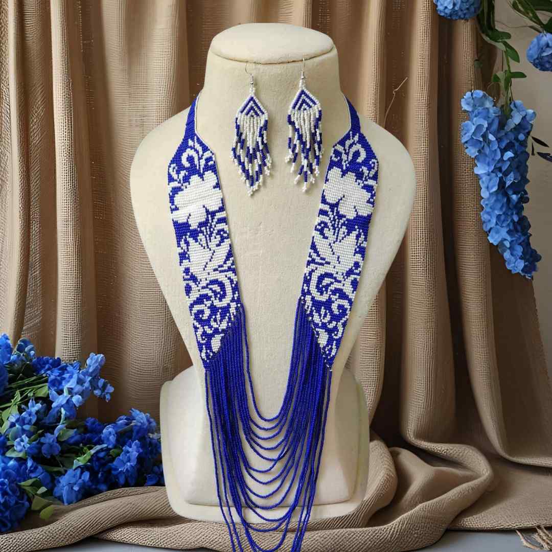 blue geometric necklace layered bead necklace for party dangler earrings for office wear haldi wedding wear necklace set