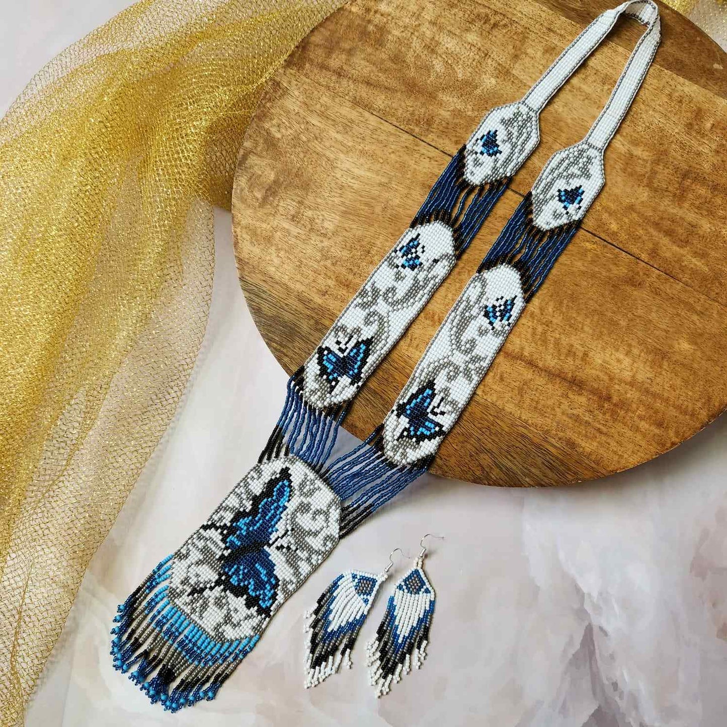 blue butterfly bead necklace set layered necklace butterfly pattern native american design necklace for office wear party wear wedding haldi mehndi sangeet jewellery