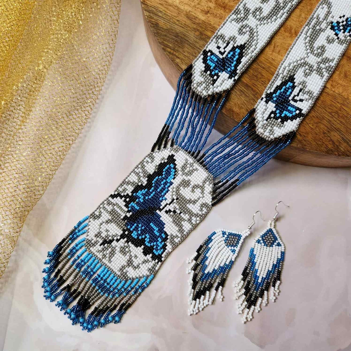 blue butterfly bead necklace set layered necklace butterfly pattern native american design necklace for office wear party wear wedding haldi mehndi sangeet jewellery