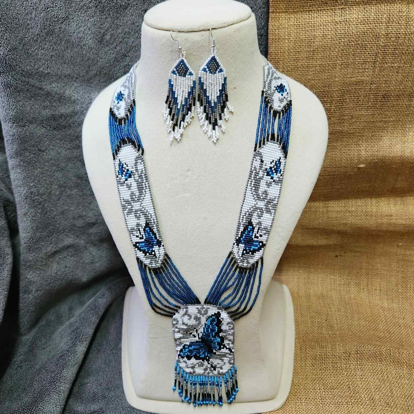 blue butterfly bead necklace set layered necklace butterfly pattern native american design necklace for office wear party wear wedding haldi mehndi sangeet jewellery