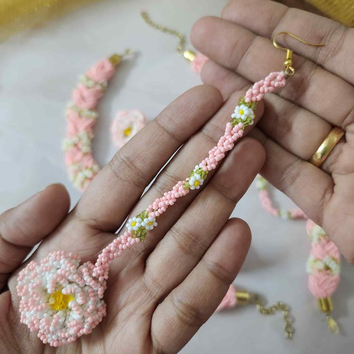 bridal jewellery floral necklace stud earrings haathphool maang tikka haldi necklace set wedding jewellery pink jewellery for haldi mehendi sangeet shaadi