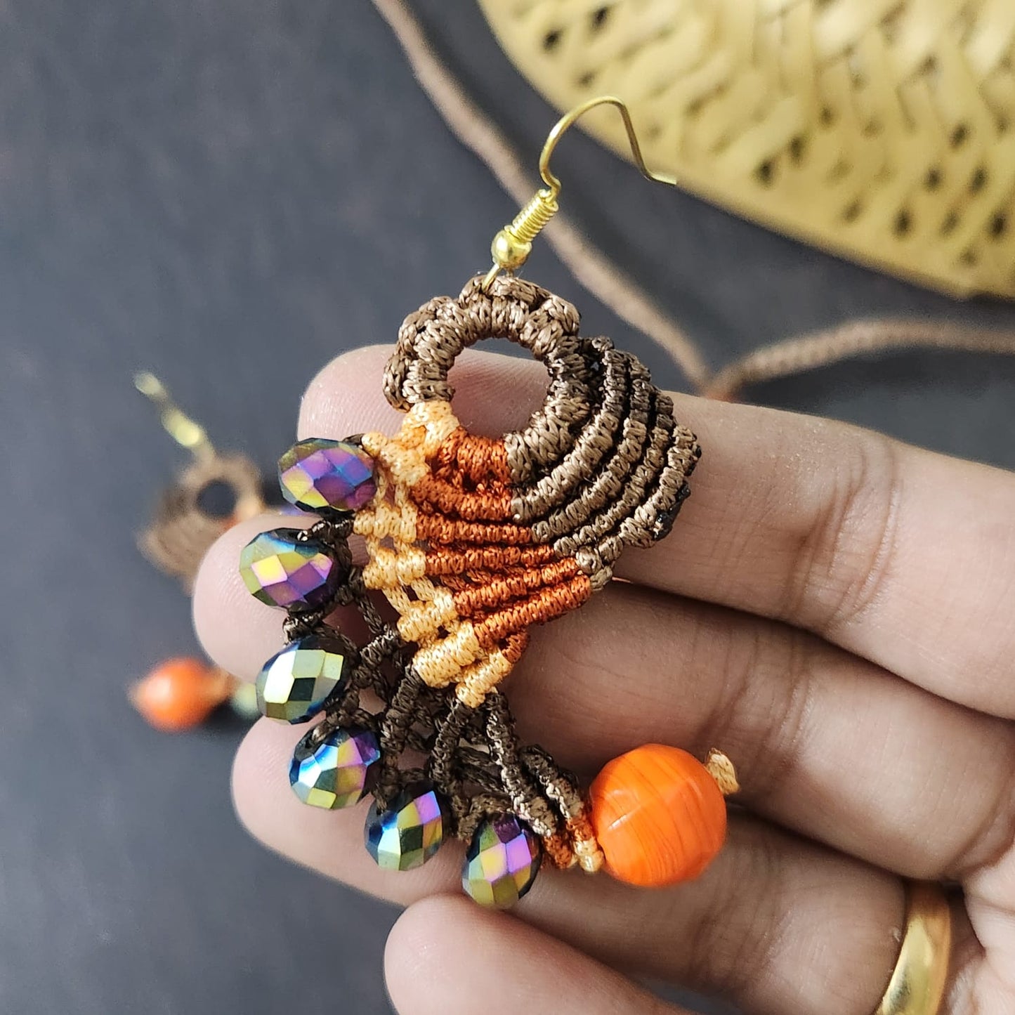 Hamsa orange macrame necklace set