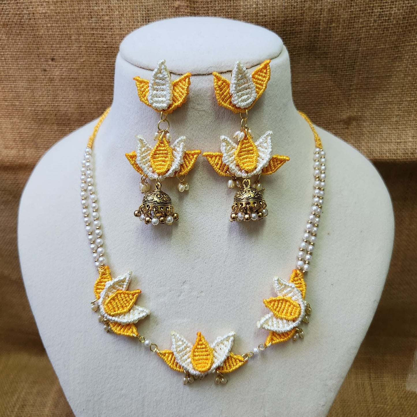 floral jewellery for sangeet lotus necklace set yellow jewellery pearl necklace jhumka earrings maang tikka for wedding party wear necklace set macrame
