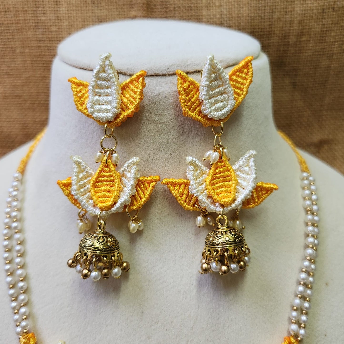 floral jewellery for sangeet lotus necklace set yellow jewellery pearl necklace jhumka earrings maang tikka for wedding party wear necklace set macrame