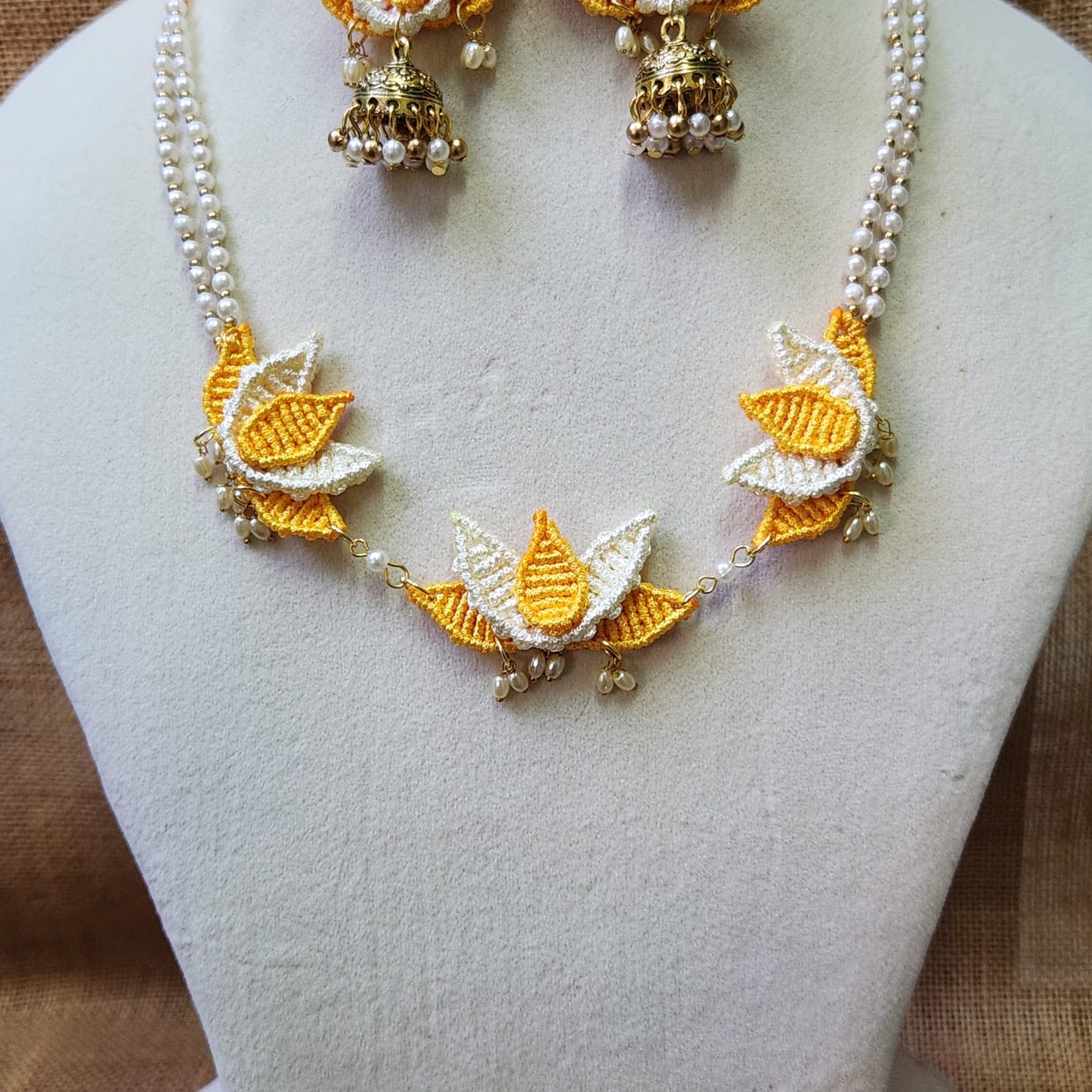 floral jewellery for sangeet lotus necklace set yellow jewellery pearl necklace jhumka earrings maang tikka for wedding party wear necklace set macrame
