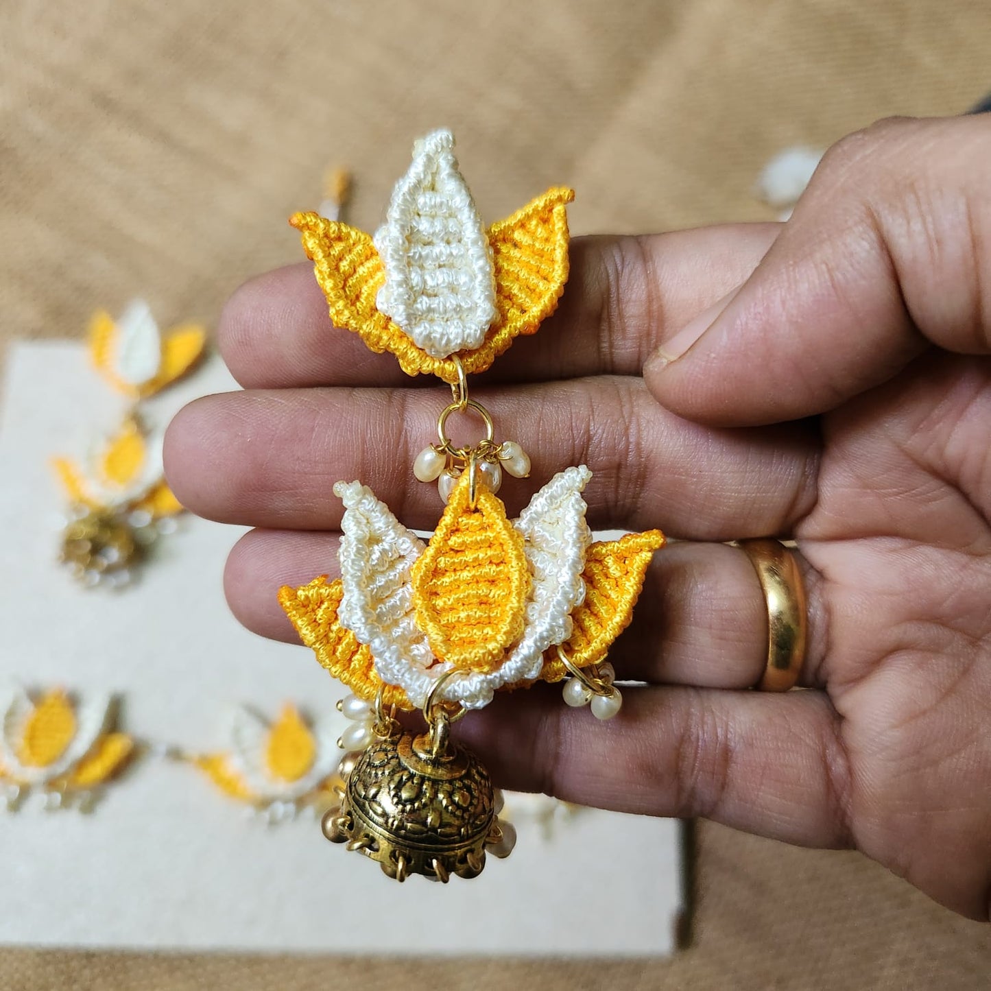 floral jewellery for sangeet lotus necklace set yellow jewellery pearl necklace jhumka earrings maang tikka for wedding party wear necklace set macrame