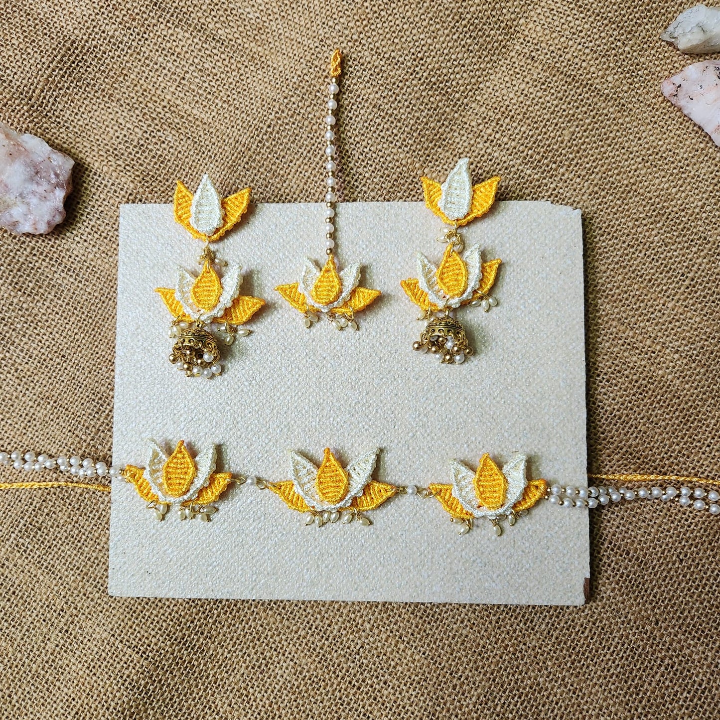 floral jewellery for sangeet lotus necklace set yellow jewellery pearl necklace jhumka earrings maang tikka for wedding party wear necklace set macrame
