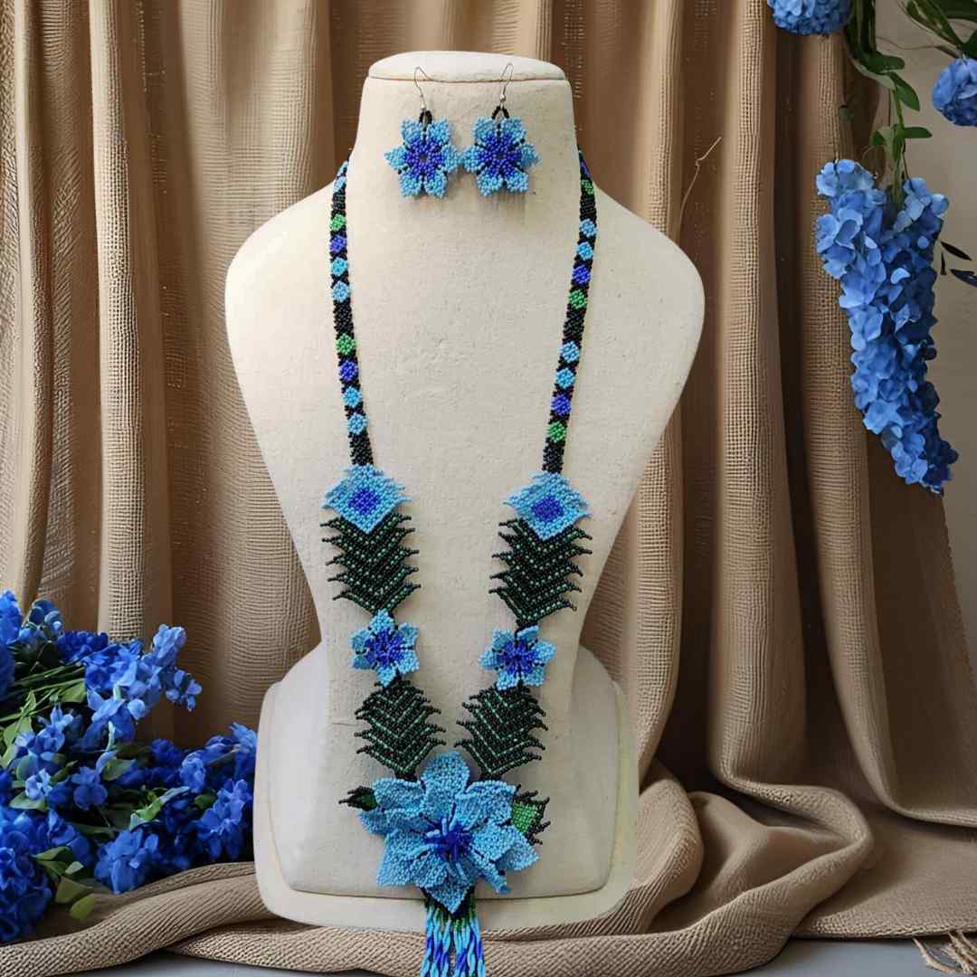 bead necklace flower necklace 3D necklace leaf green leaves haldi necklace set flower earrings blue necklace