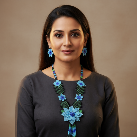 Haritha blue floral bead necklace set
