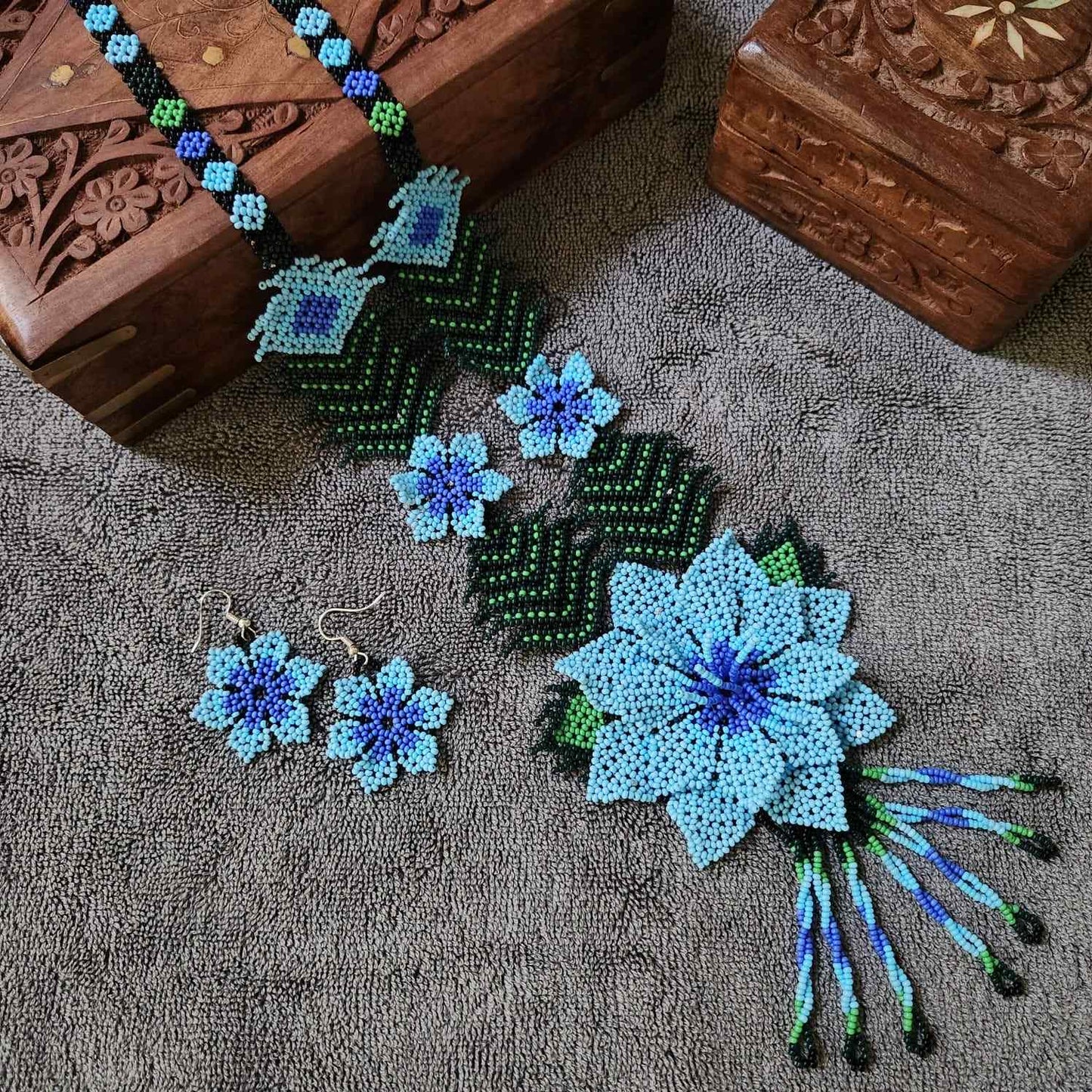 bead necklace flower necklace 3D necklace leaf green leaves haldi necklace set flower earrings blue necklace