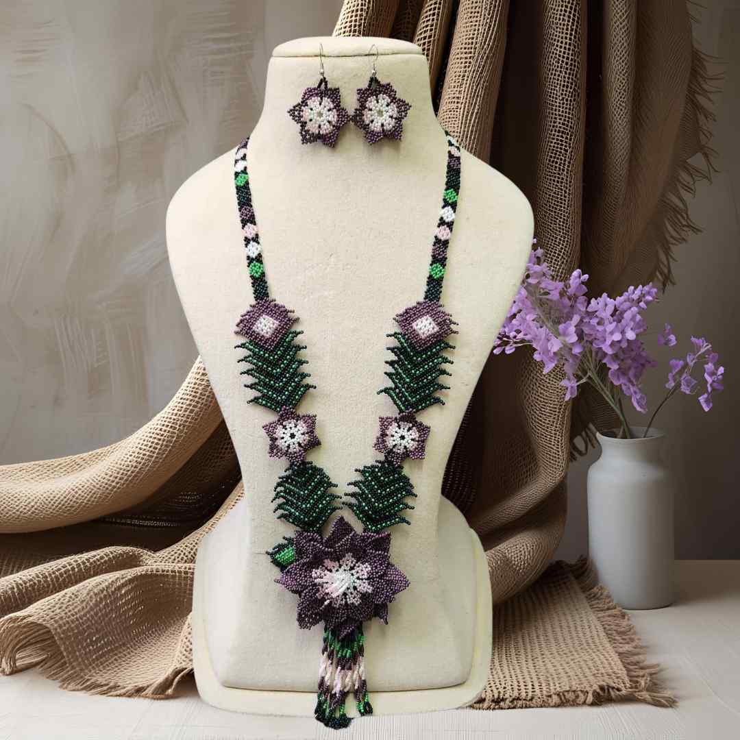 bead necklace flower necklace 3D necklace leaf green leaves haldi necklace set flower earrings white necklace mauve purple flower