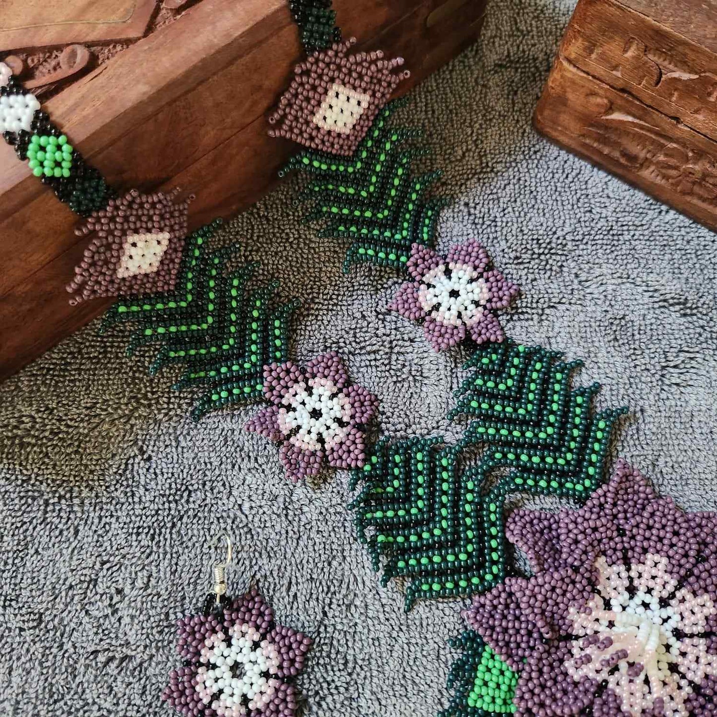 bead necklace flower necklace 3D necklace leaf green leaves haldi necklace set flower earrings white necklace mauve purple flower