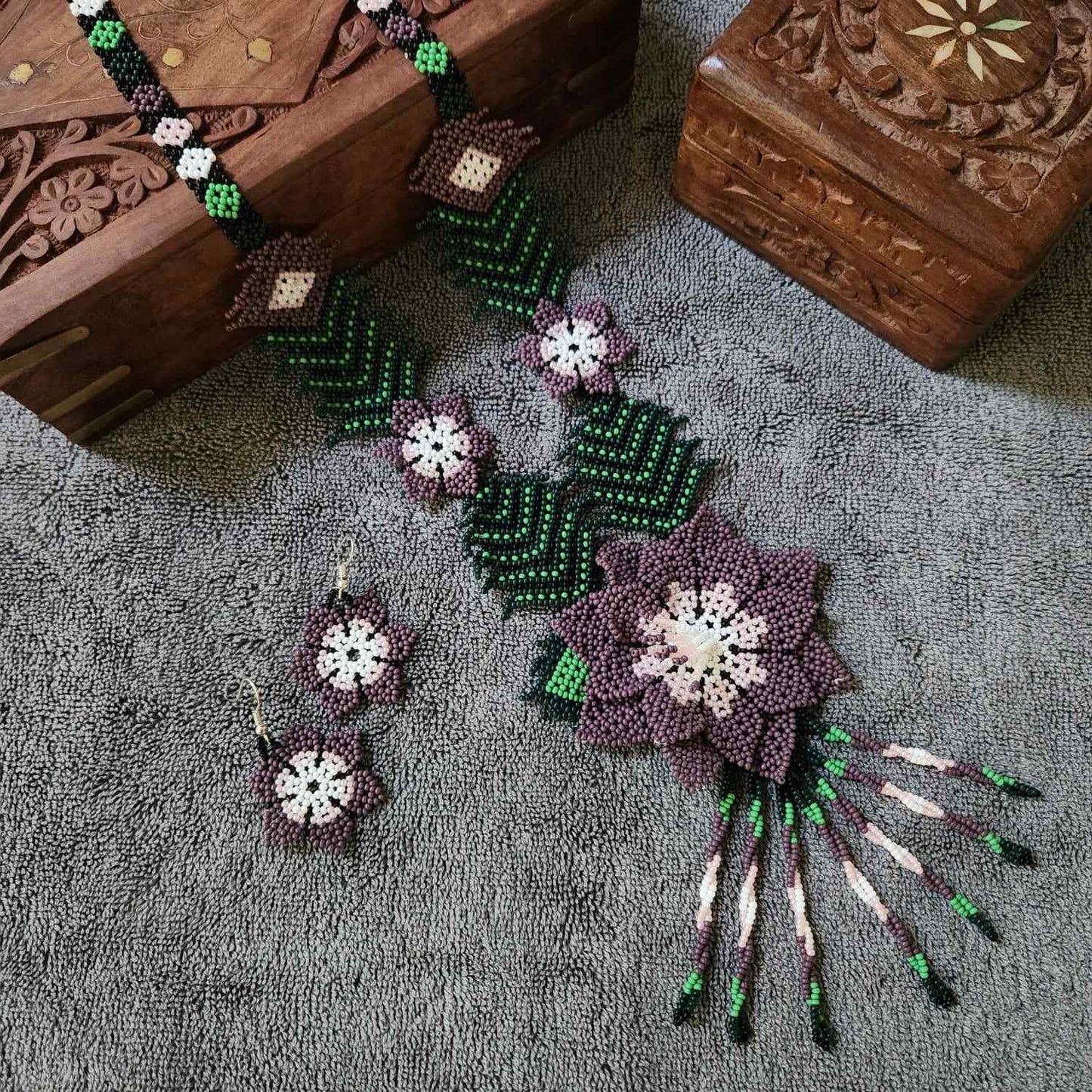bead necklace flower necklace 3D necklace leaf green leaves haldi necklace set flower earrings white necklace mauve purple flower
