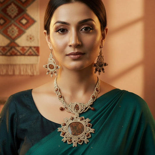 semiprecious stone jewellery set bridal necklace set sunstone bead earrings bracelet necklace set mandala necklace macrame party wear jewellery wedding sangeet mehndi reception engagement jewellery