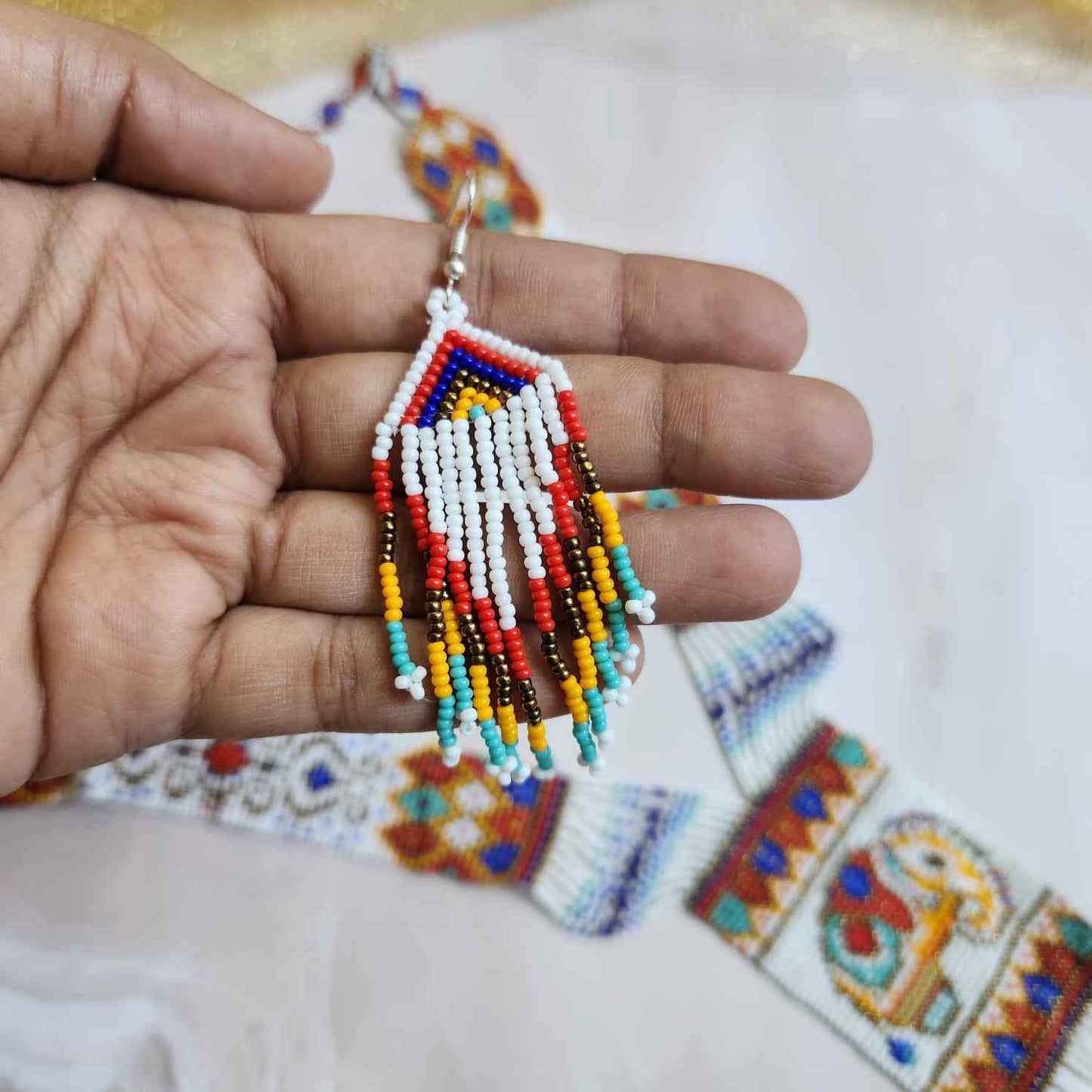 long bead necklace for puja elephant design multicoloured necklace for party seed bead accessories layered necklace earrings set