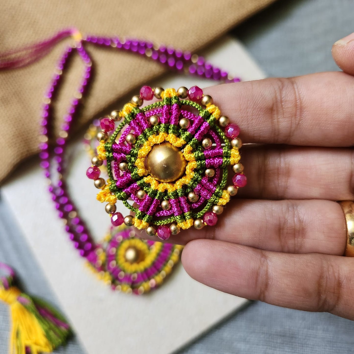 macrame necklace set for office daily wear jewellery lightweight purple necklace yellow stud earrings bead jewellery pearl necklace multicolour