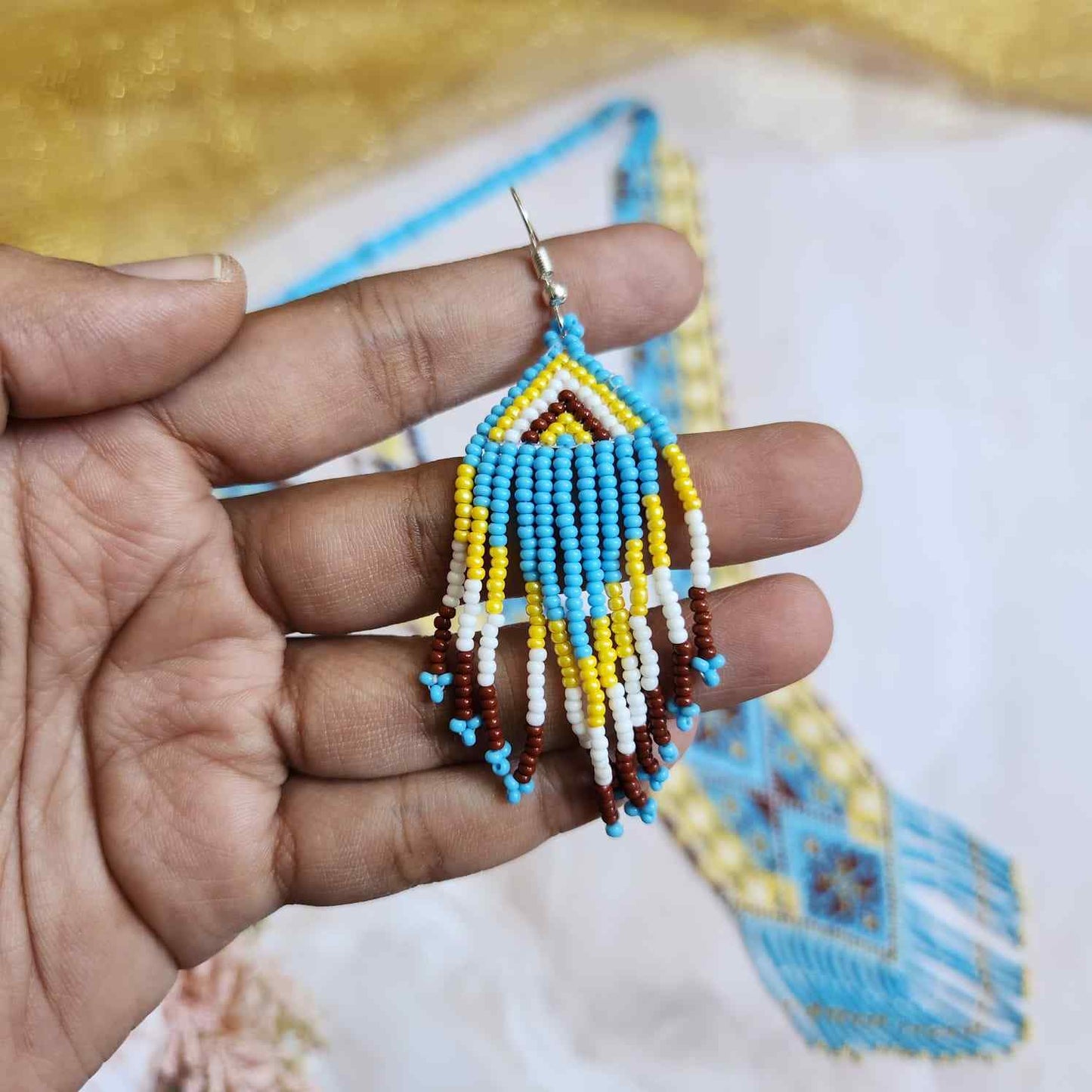 bead necklace set white brown geometric design necklace golden yellow turquoise blue necklace for Sangeet daily wear necklace for office