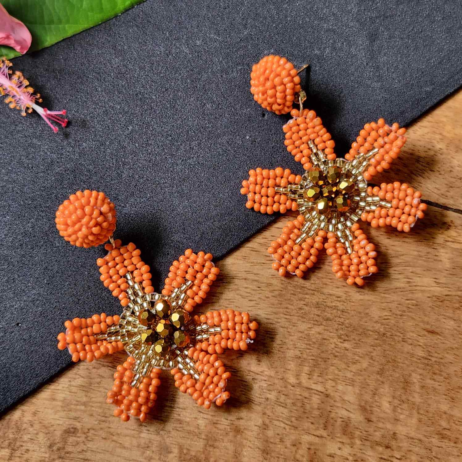 floral earrings for party wear earrings in orange gold seed beads earrings stud danglers large earrings for saree lehenga wedding sangeet mehendi reception party earrings
