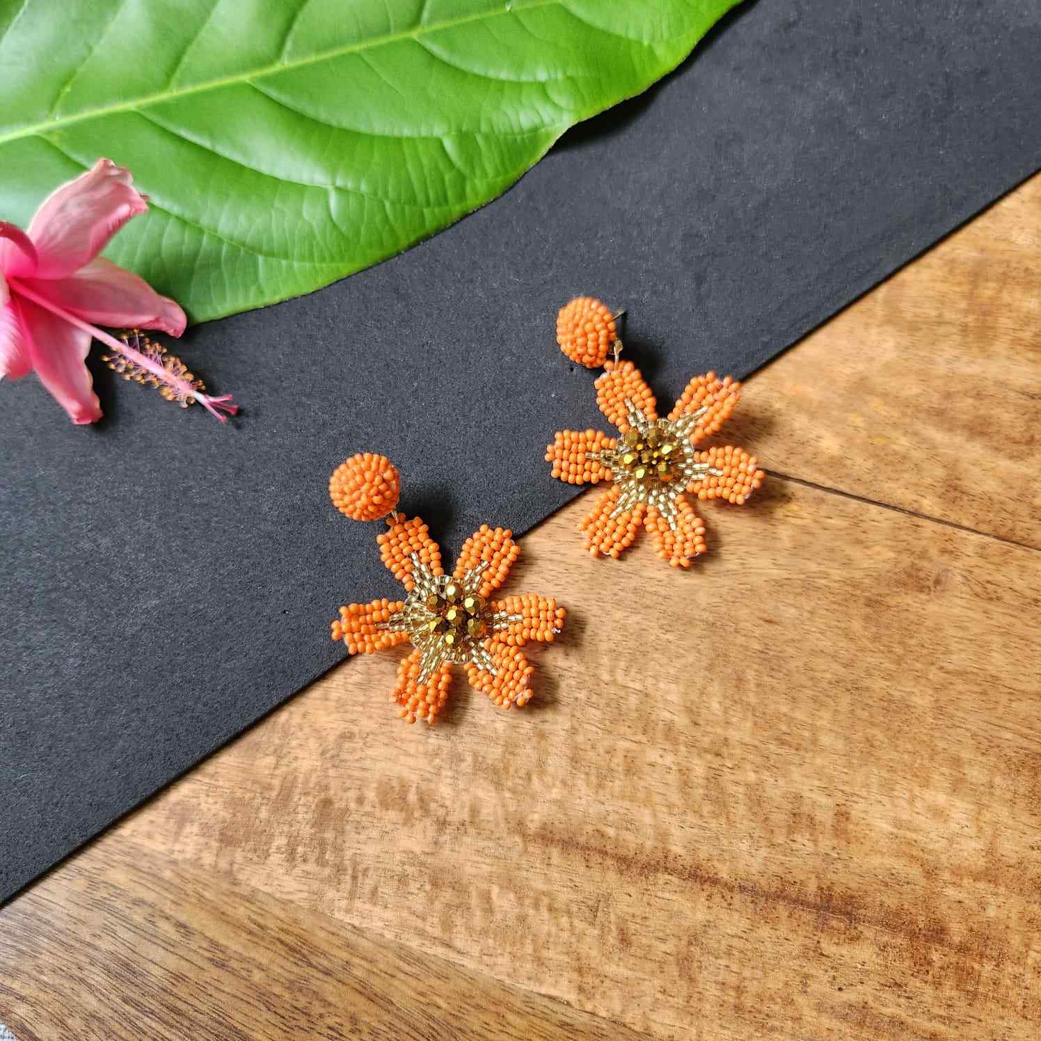 floral earrings for party wear earrings in orange gold seed beads earrings stud danglers large earrings for saree lehenga wedding sangeet mehendi reception party earrings