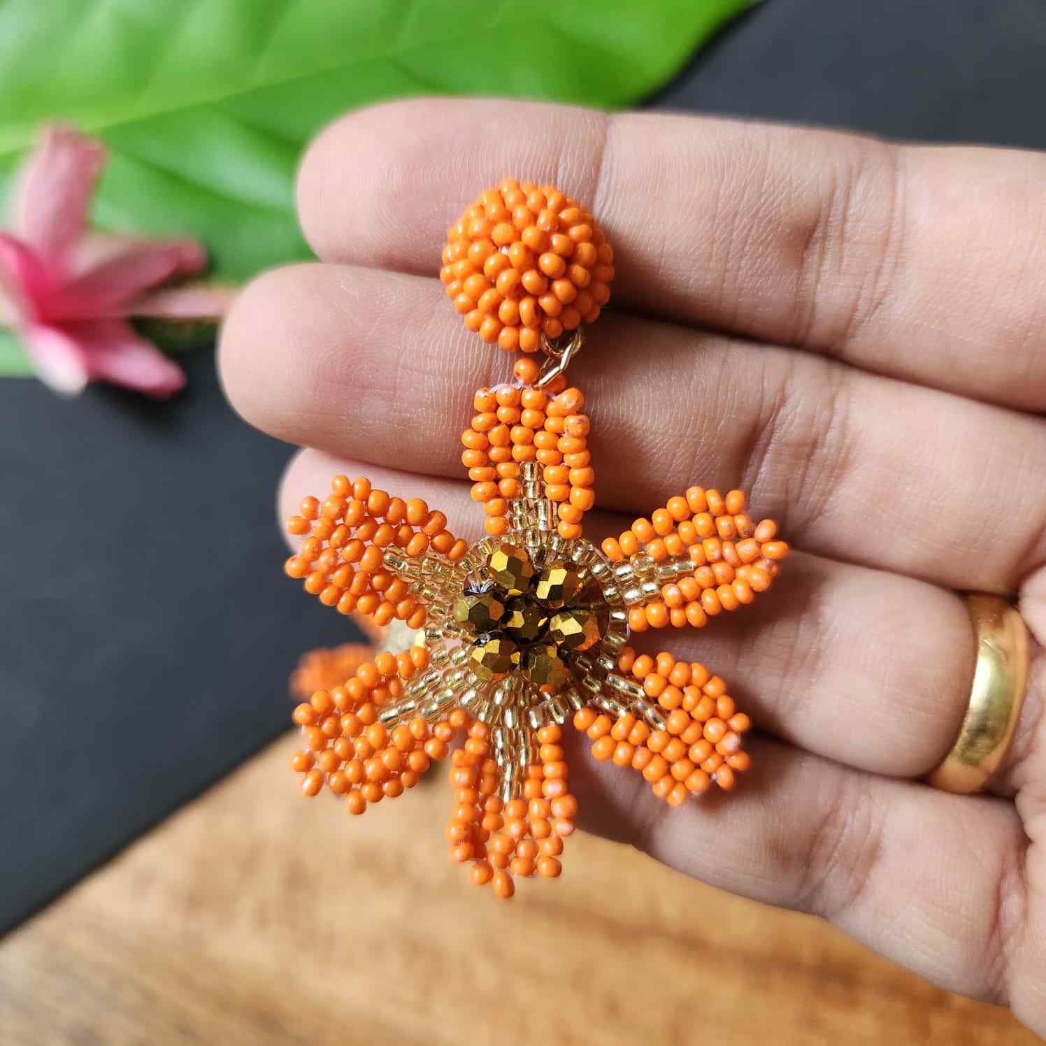 floral earrings for party wear earrings in orange gold seed beads earrings stud danglers large earrings for saree lehenga wedding sangeet mehendi reception party earrings