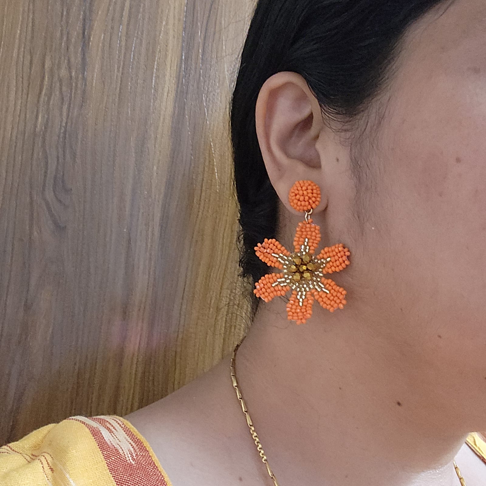 floral earrings for party wear earrings in orange gold seed beads earrings stud danglers large earrings for saree lehenga wedding sangeet mehendi reception party earrings