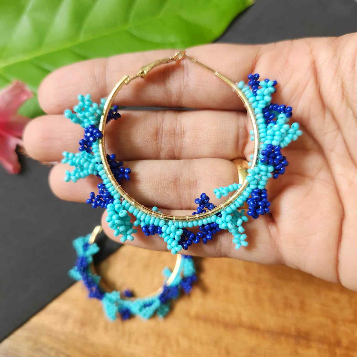 hoop earrings for party wear earrings in blue seed beads large earrings for causal wear saree lehenga wedding sangeet mehendi reception party earrings