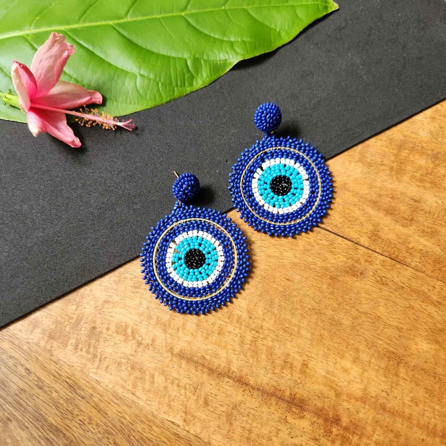 evil eye earrings for party wear earrings in blue white black seed beads earrings stud danglers large earrings for saree lehenga wedding sangeet mehendi reception party earrings