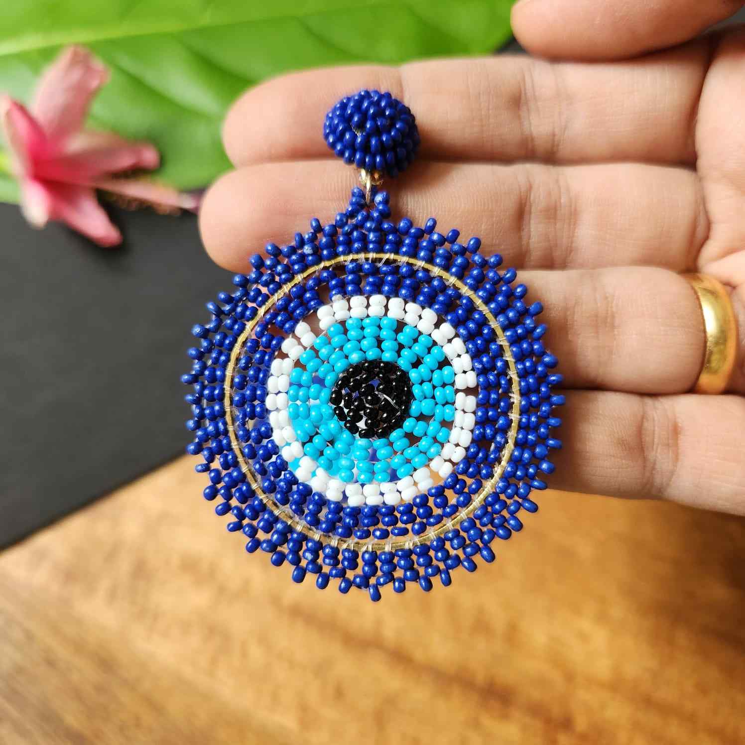 evil eye earrings for party wear earrings in blue white black seed beads earrings stud danglers large earrings for saree lehenga wedding sangeet mehendi reception party earrings