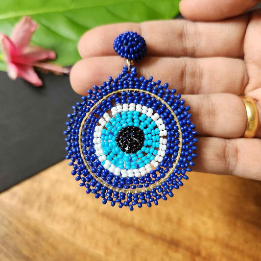 evil eye earrings for party wear earrings in blue white black seed beads earrings stud danglers large earrings for saree lehenga wedding sangeet mehendi reception party earrings