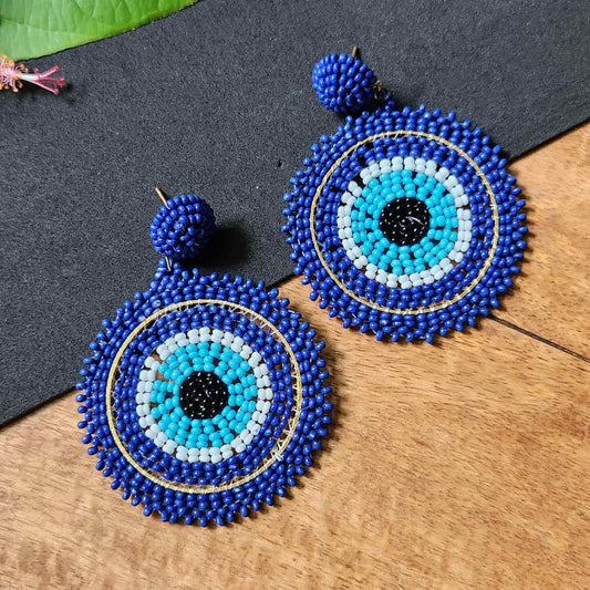 evil eye earrings for party wear earrings in blue white black seed beads earrings stud danglers large earrings for saree lehenga wedding sangeet mehendi reception party earrings