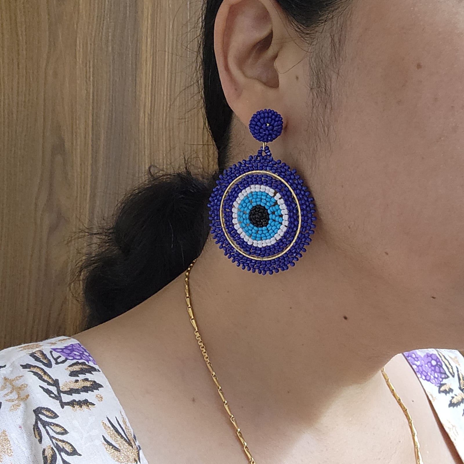evil eye earrings for party wear earrings in blue white black seed beads earrings stud danglers large earrings for saree lehenga wedding sangeet mehendi reception party earrings