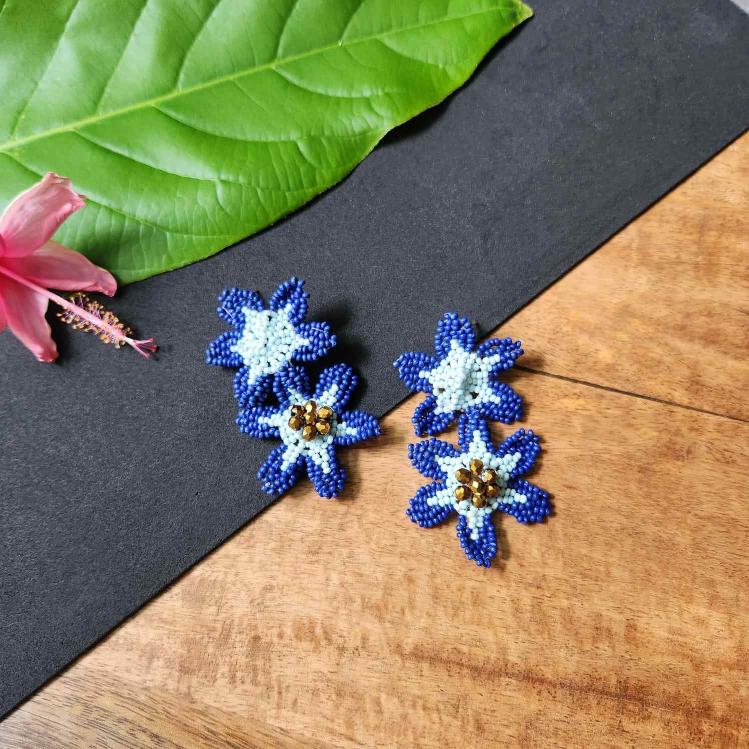 seed bead flower earrings Manu Blue Bead Earrings