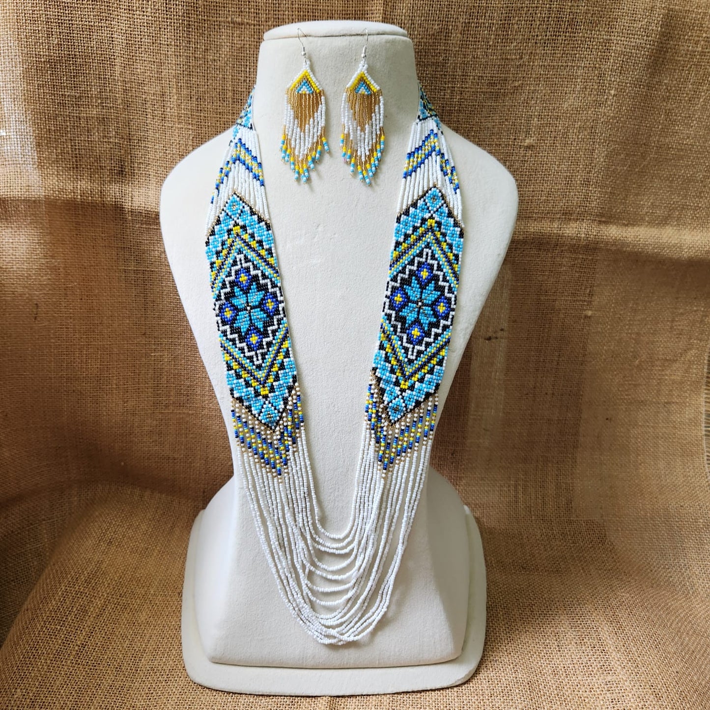 bead loom necklace long necklace layer necklace geometric design party necklace for saree formal wear statement necklace set
