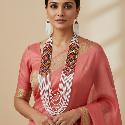 Moksha red geometric bead layer necklace set