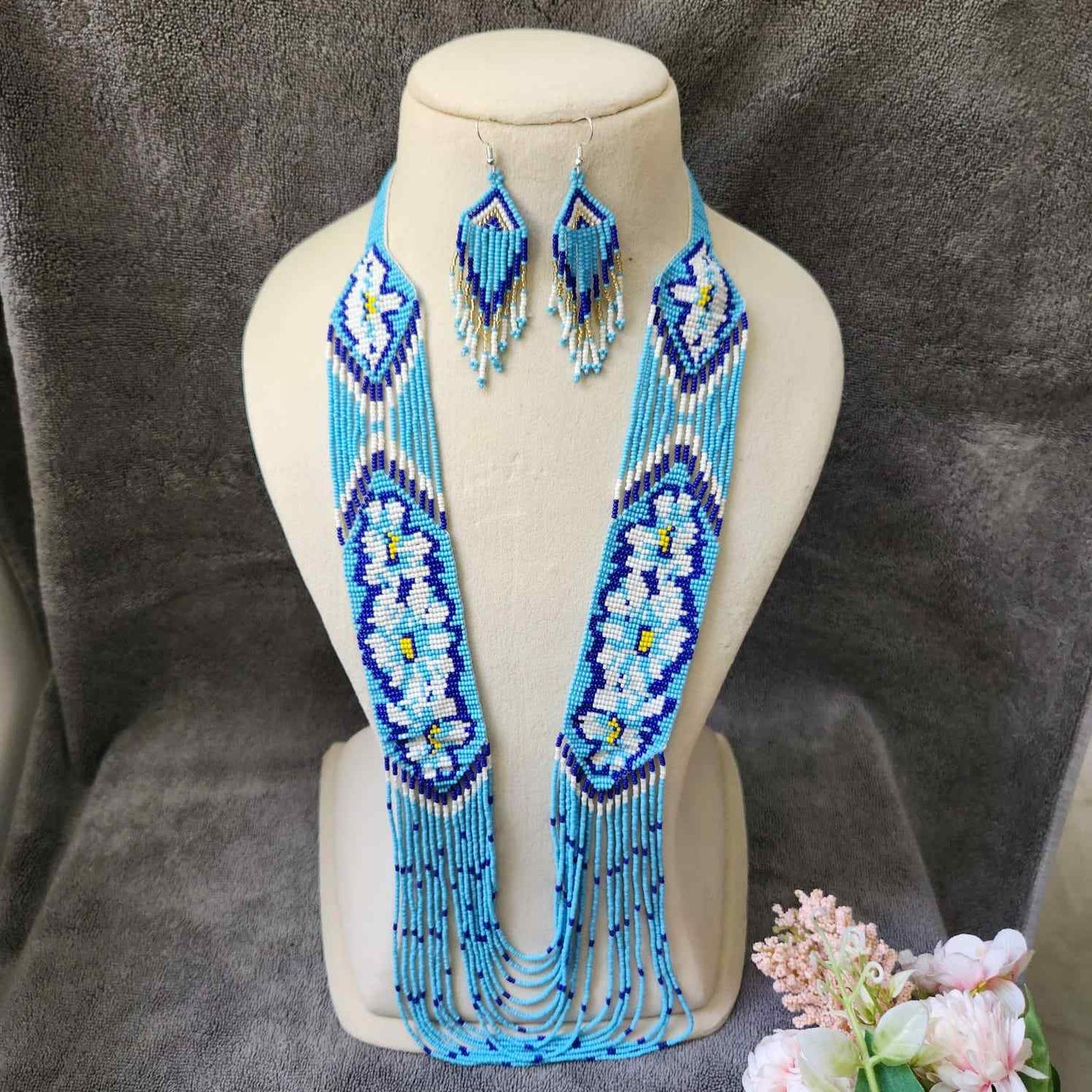 blue floral necklace layered bead necklace for party dangler earrings for office wear haldi wedding wear necklace set