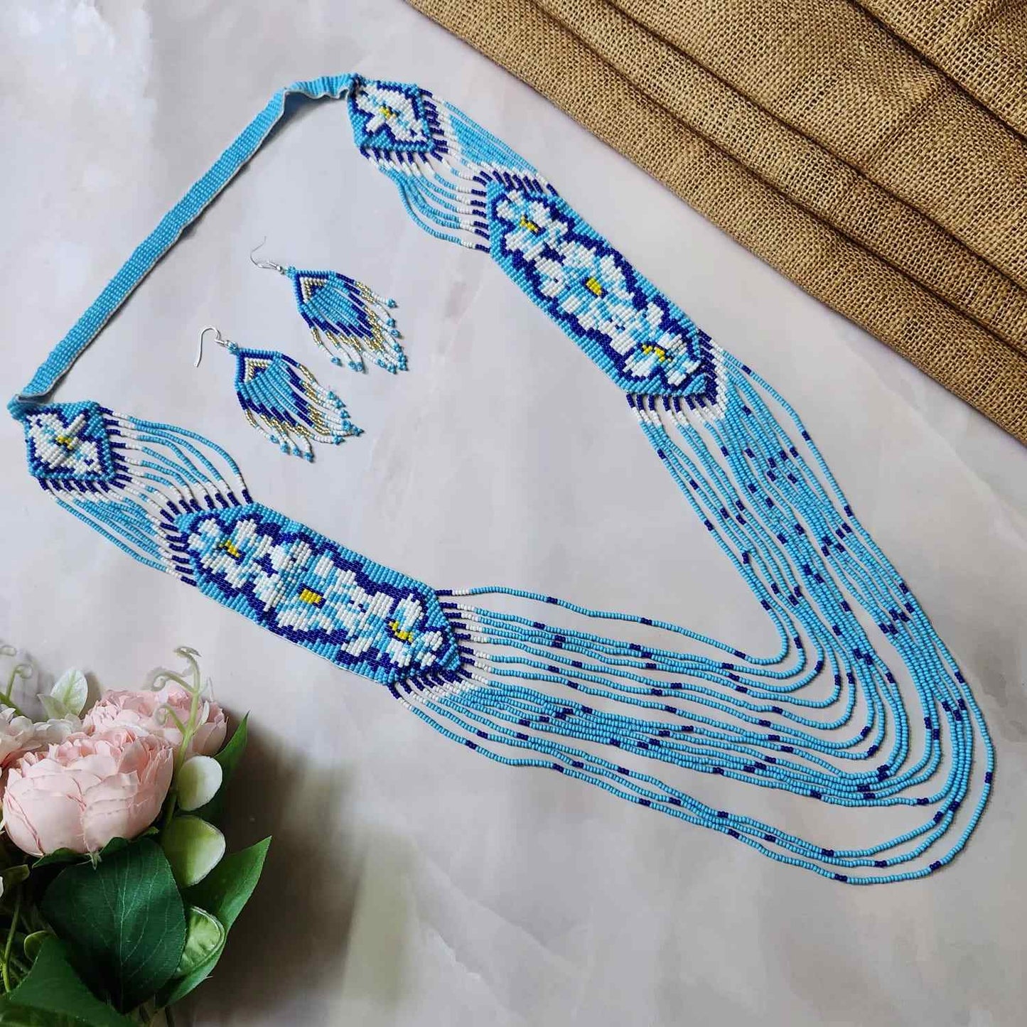 blue floral necklace layered bead necklace for party dangler earrings for office wear haldi wedding wear necklace set