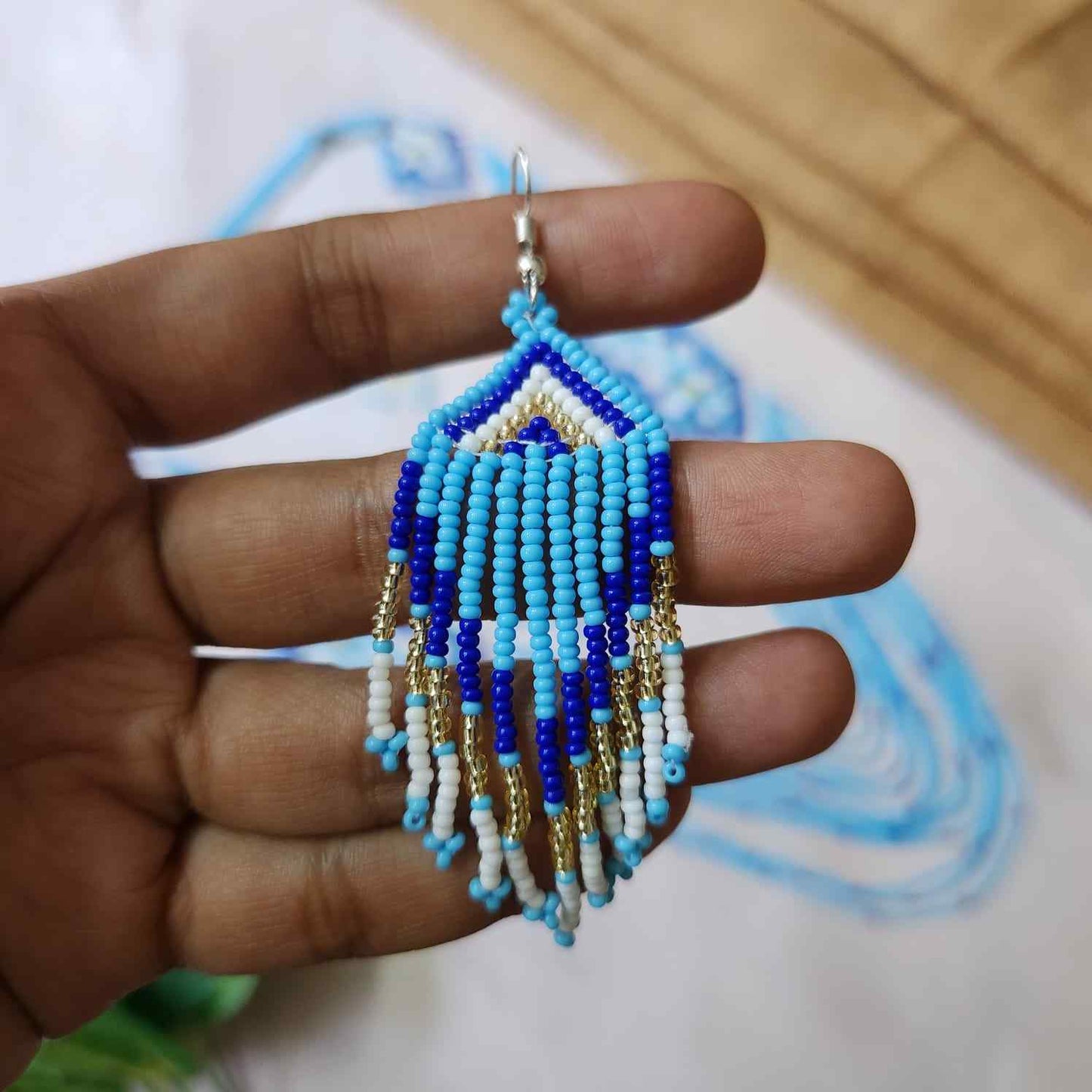 blue floral necklace layered bead necklace for party dangler earrings for office wear haldi wedding wear necklace set