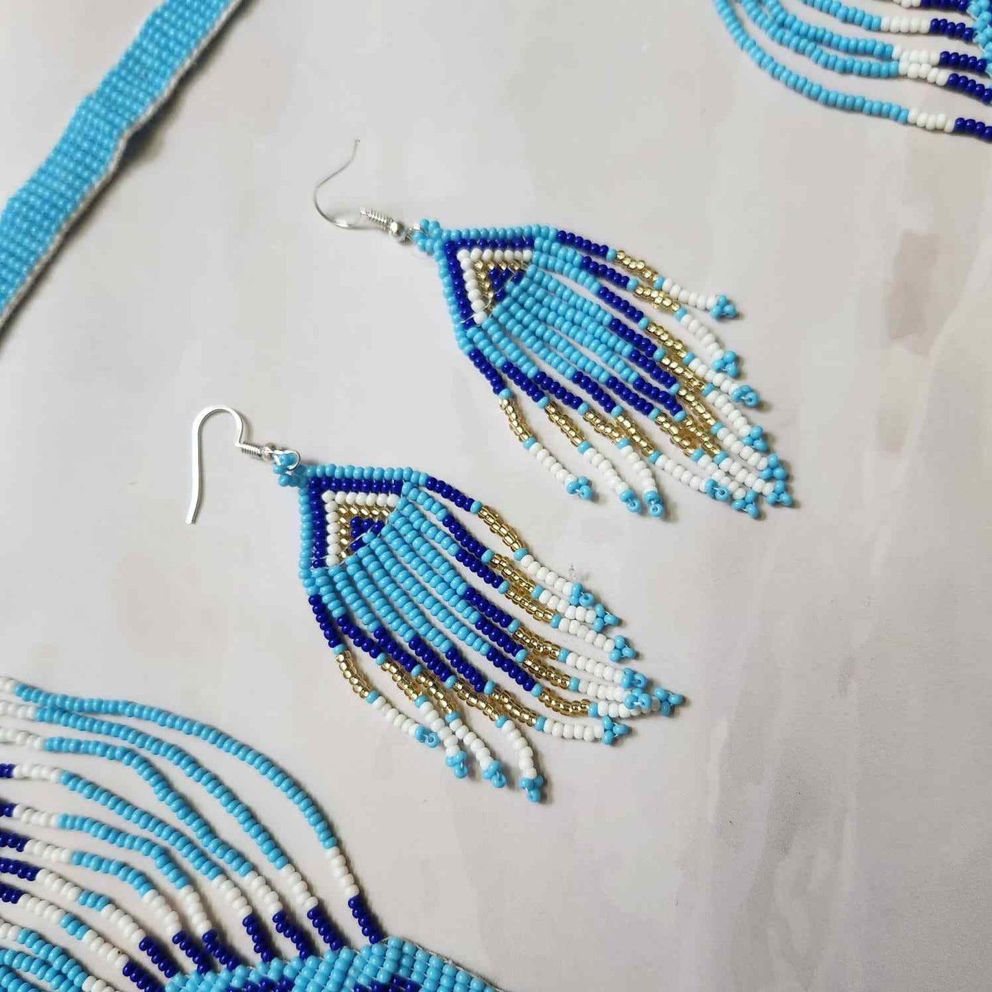 blue floral necklace layered bead necklace for party dangler earrings for office wear haldi wedding wear necklace set