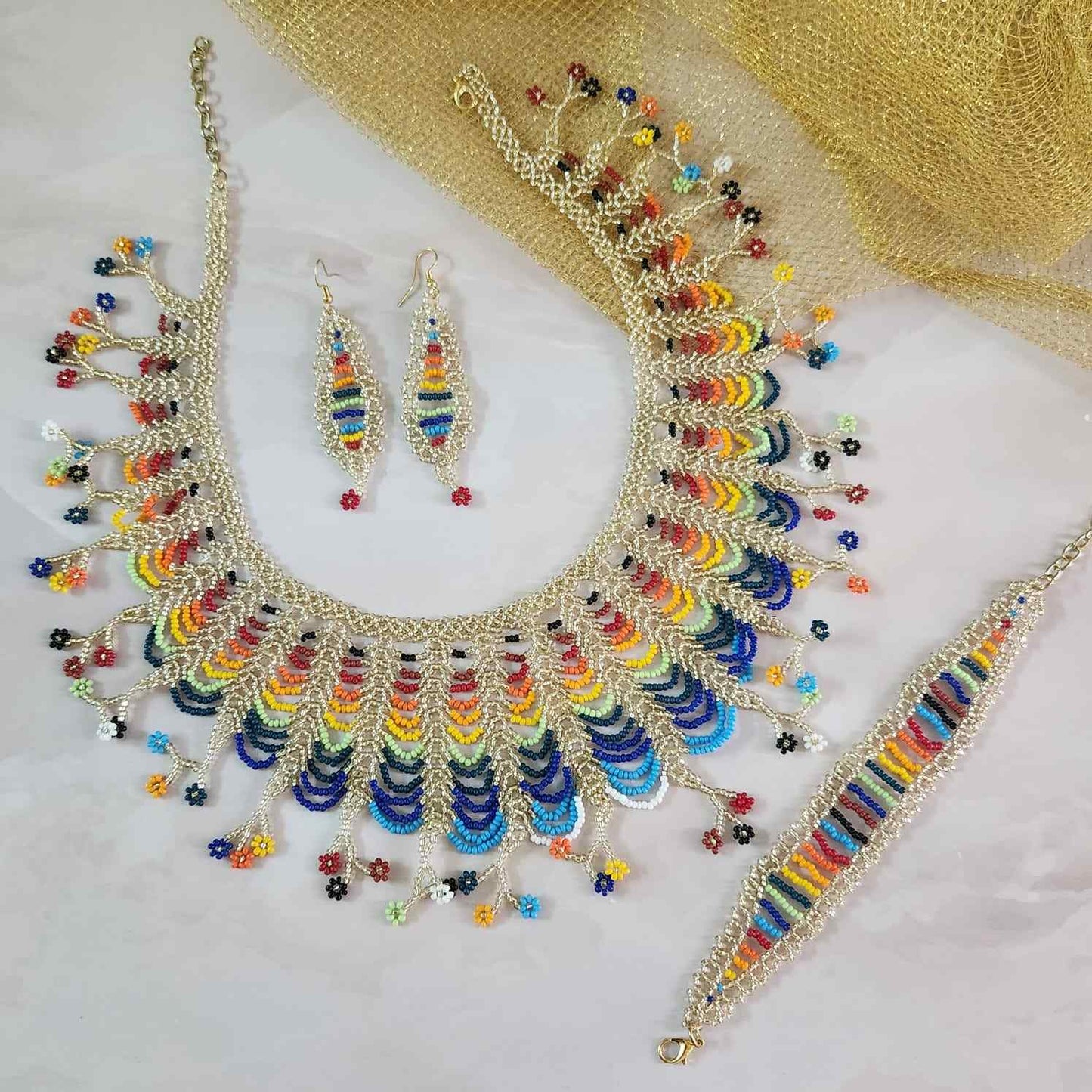 floral necklace multicoloured necklace rainbow necklace gold necklace set bracelet long earrings set bridal set haldi mehndi jewellery sangeet necklace reception jewellery