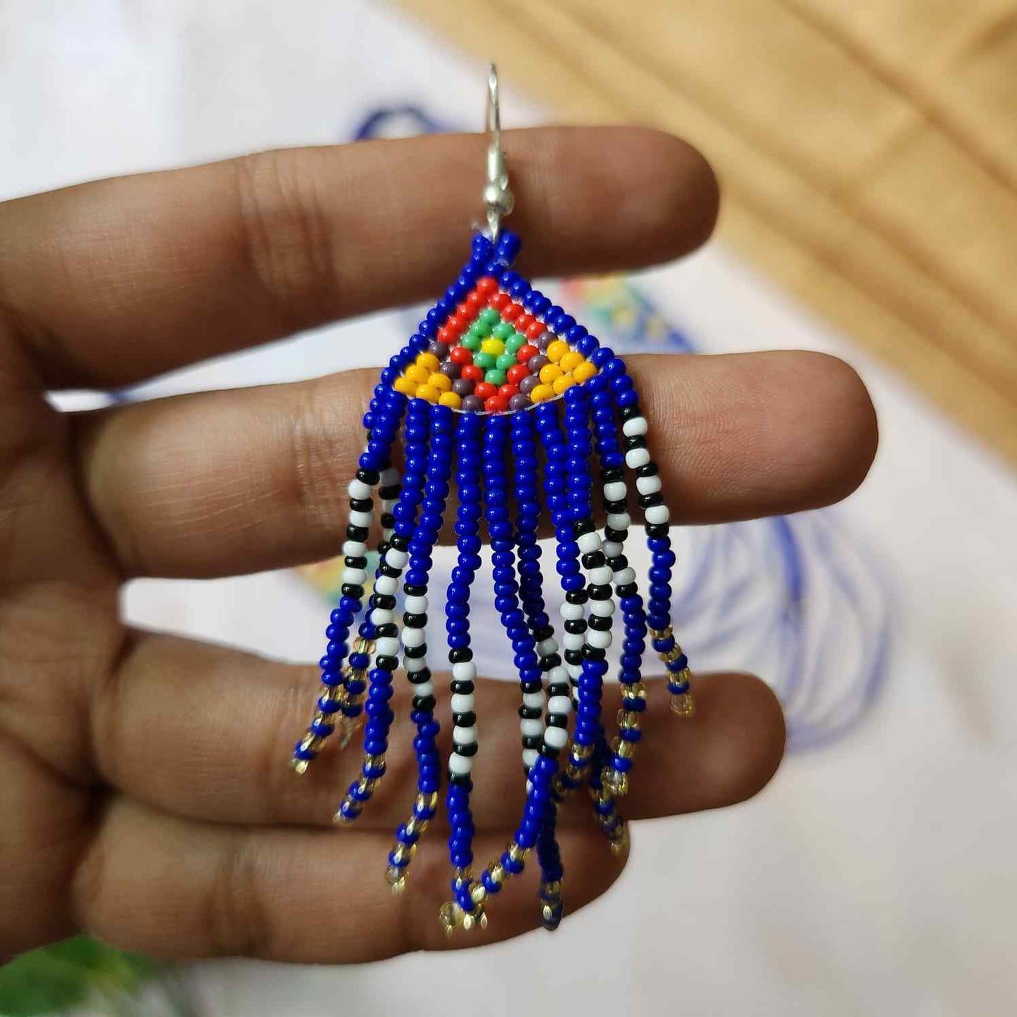 blue pansy floral necklace layered bead necklace for party dangler earrings for office wear haldi wedding wear necklace set