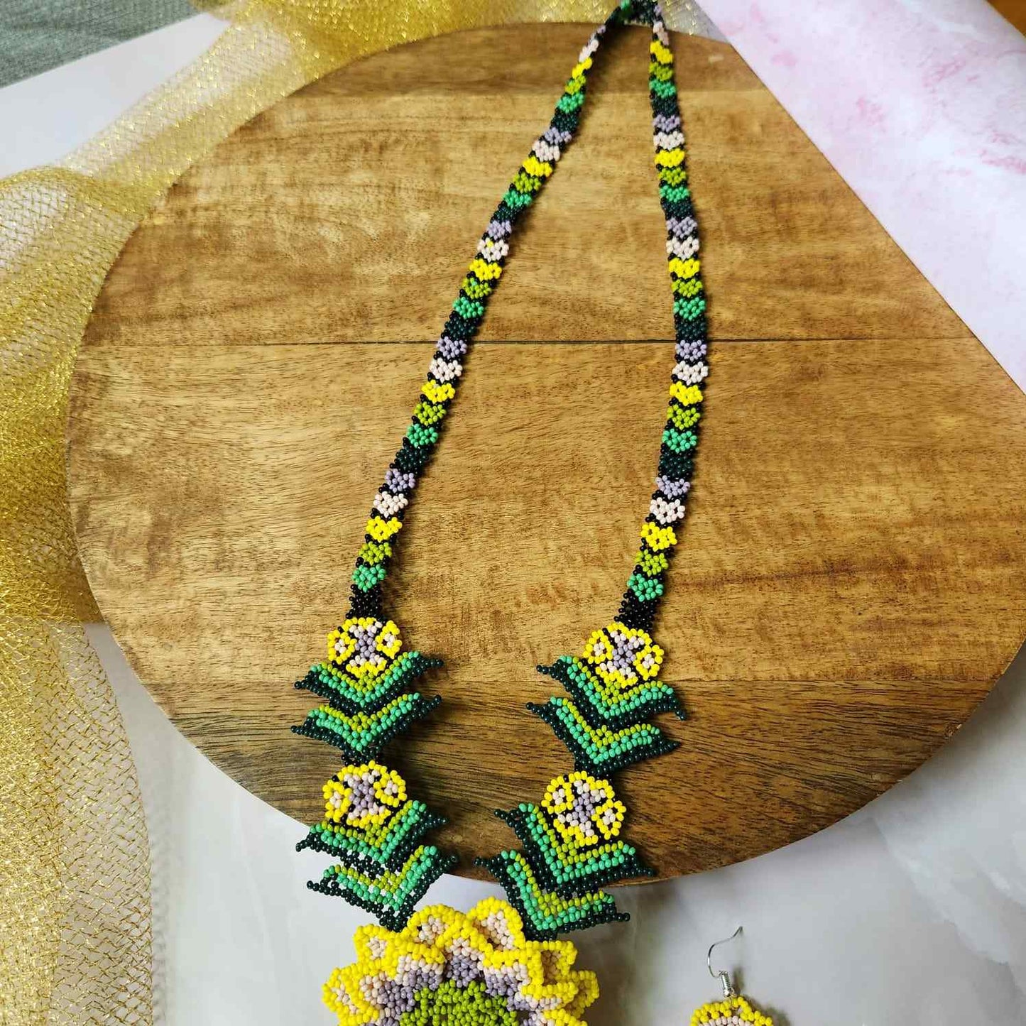 bead necklace flower necklace 3D necklace layer haldi necklace set flower earrings yellow necklace