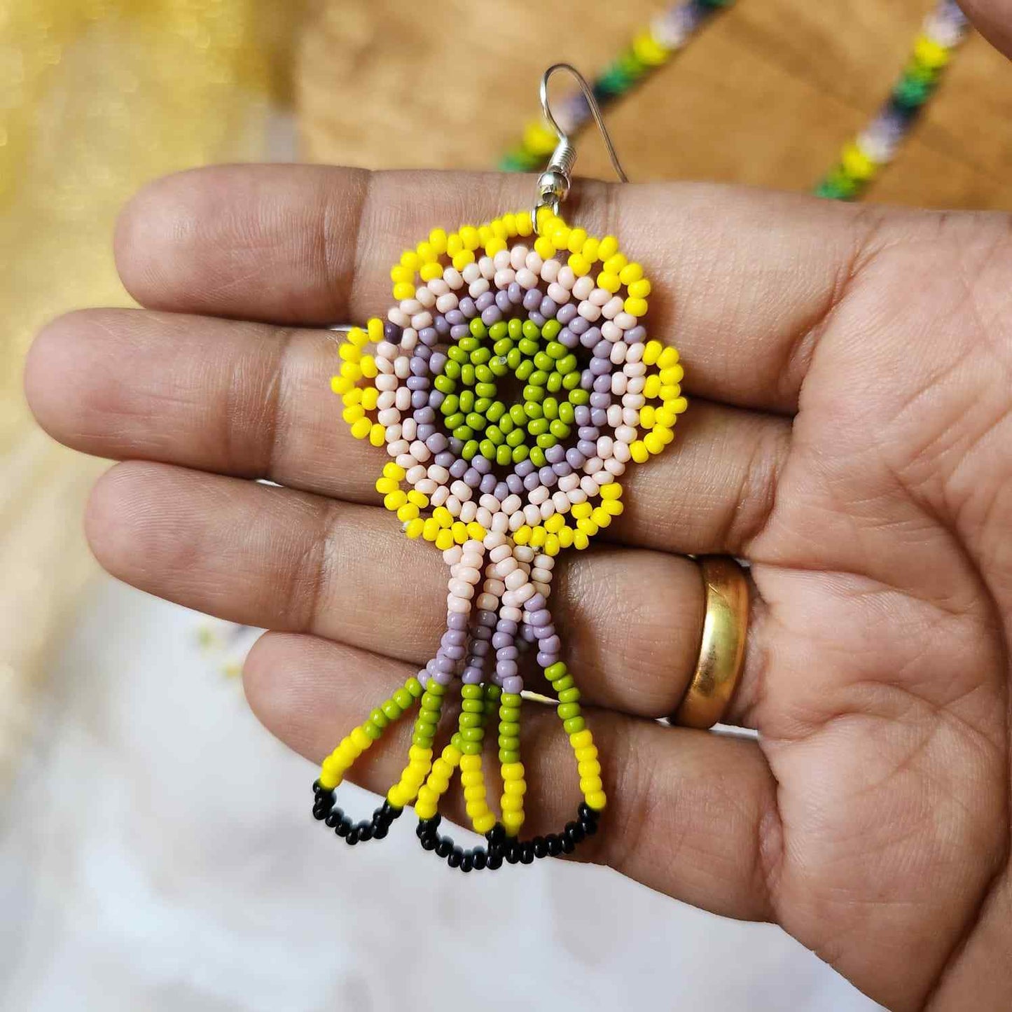 bead necklace flower necklace 3D necklace layer haldi necklace set flower earrings yellow necklace