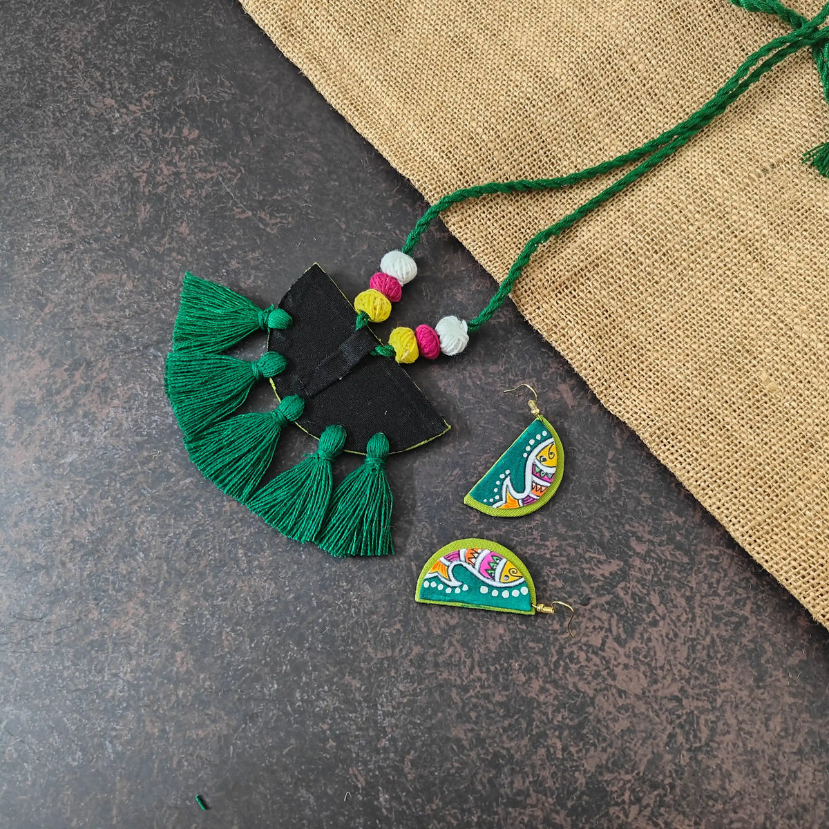 Pratima green fabric necklace set