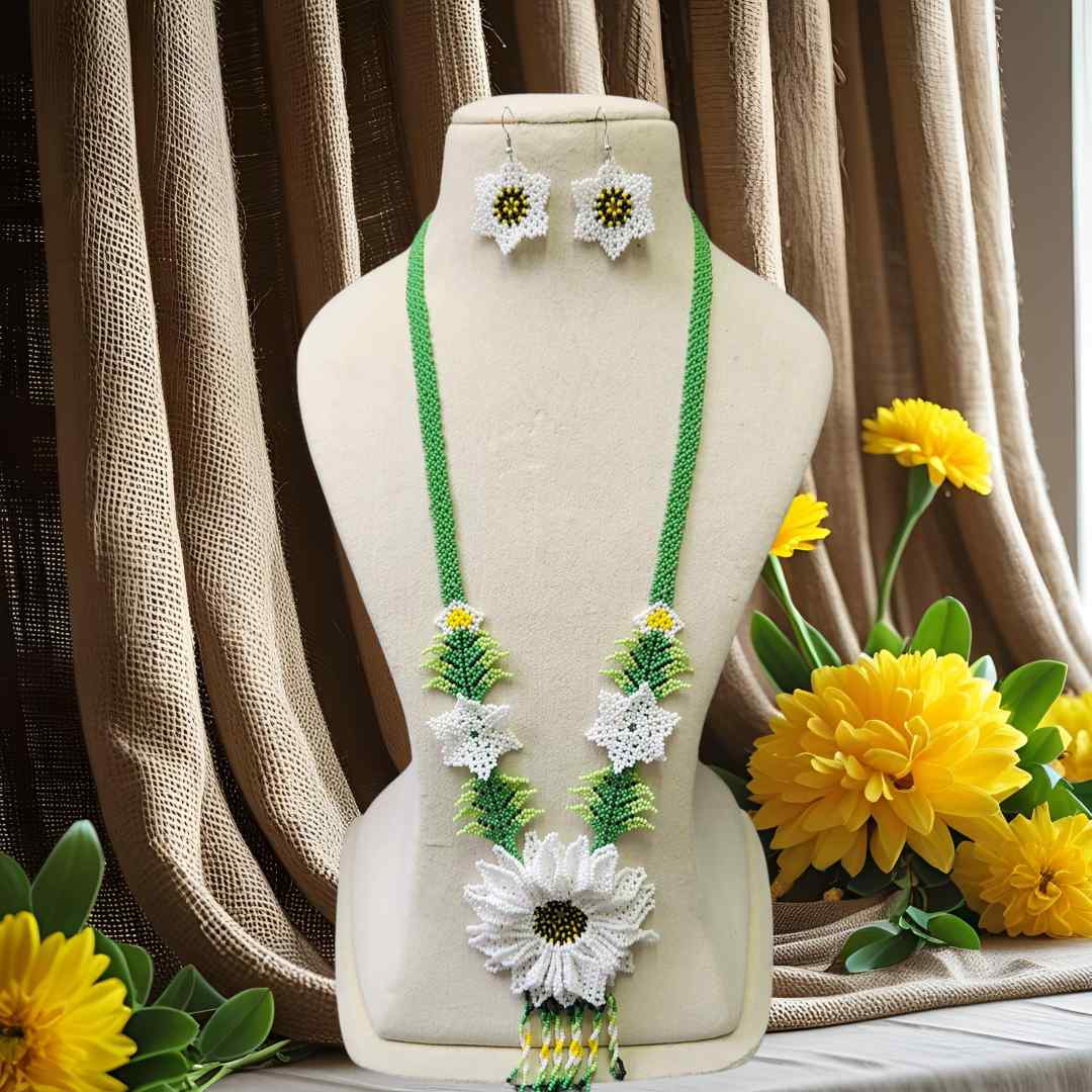 bead necklace white flower necklace 3D necklace leaf green leaves haldi necklace set flower earrings white necklace