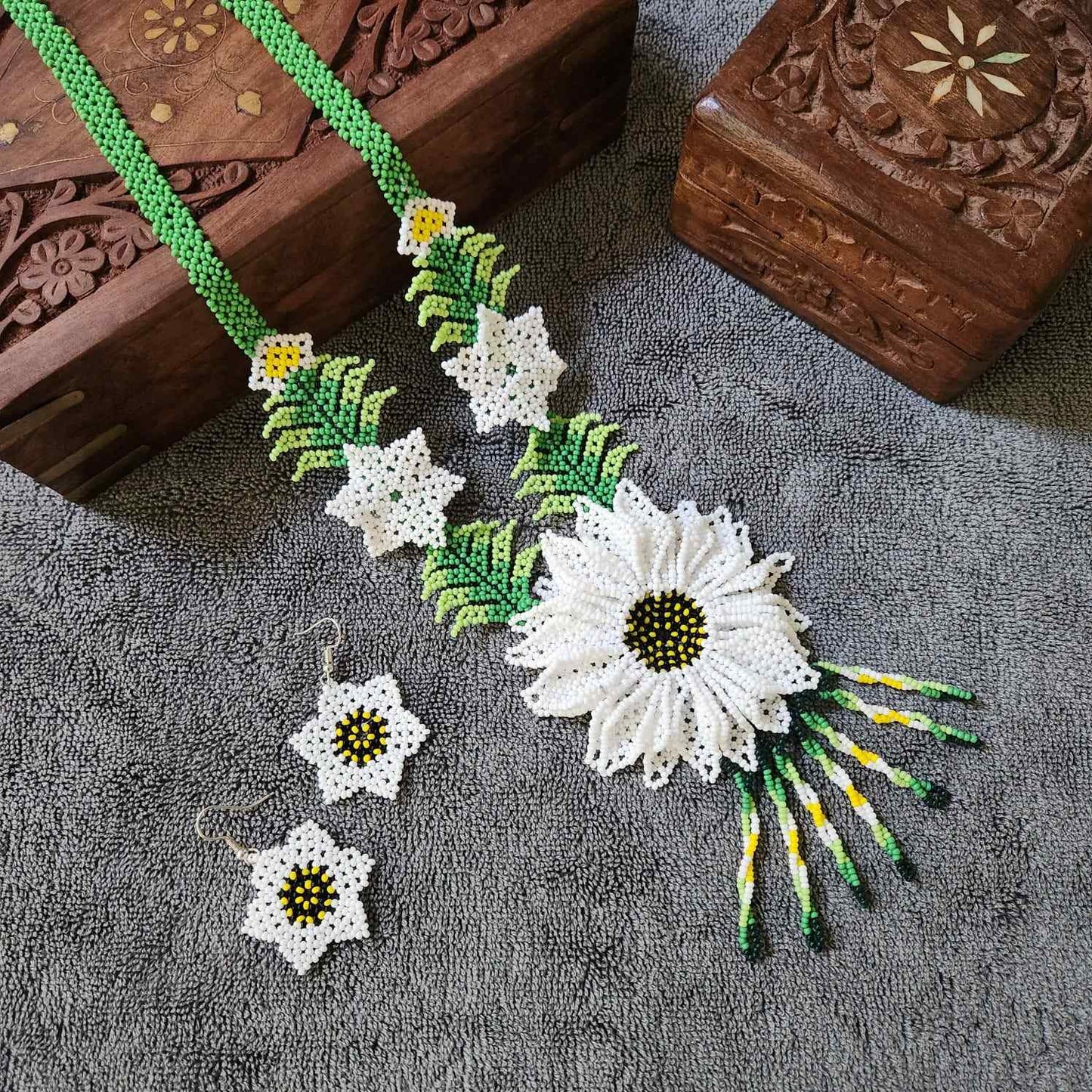 bead necklace white flower necklace 3D necklace leaf green leaves haldi necklace set flower earrings white necklace