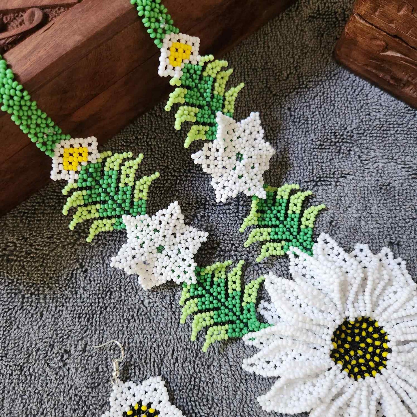 bead necklace white flower necklace 3D necklace leaf green leaves haldi necklace set flower earrings white necklace