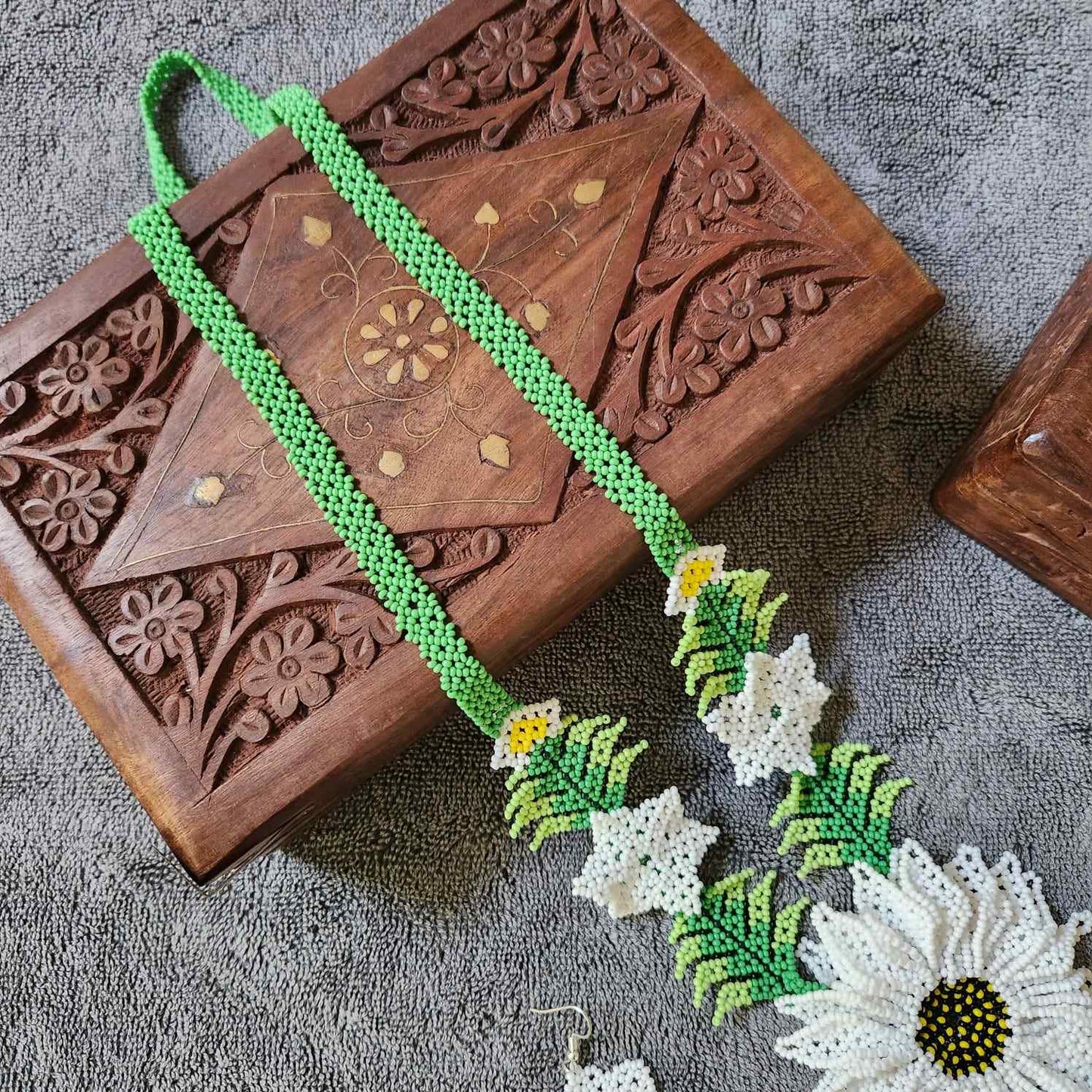 bead necklace white flower necklace 3D necklace leaf green leaves haldi necklace set flower earrings white necklace